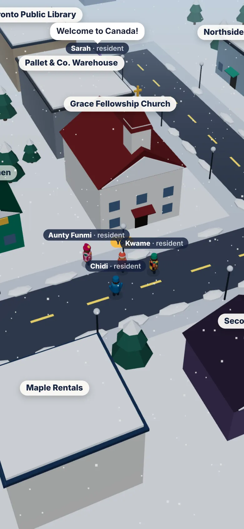 Snowy streets in Toronto with a church, a warehouse and players walking.