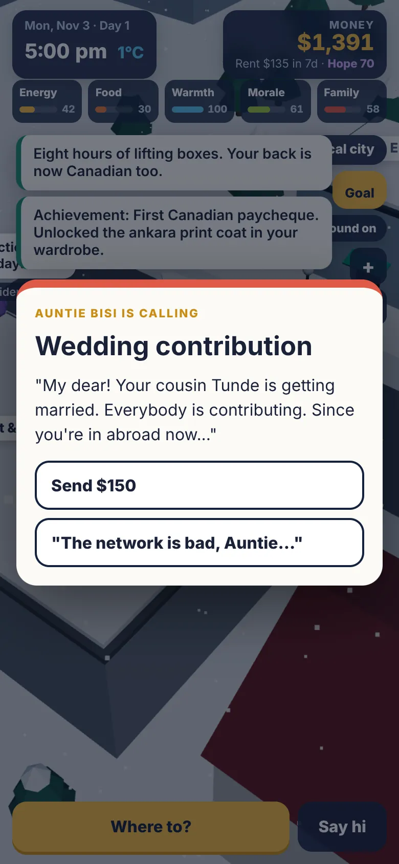 In the game: Auntie Bisi is calling about a wedding contribution, with choices to send 150 dollars or say the network is bad.